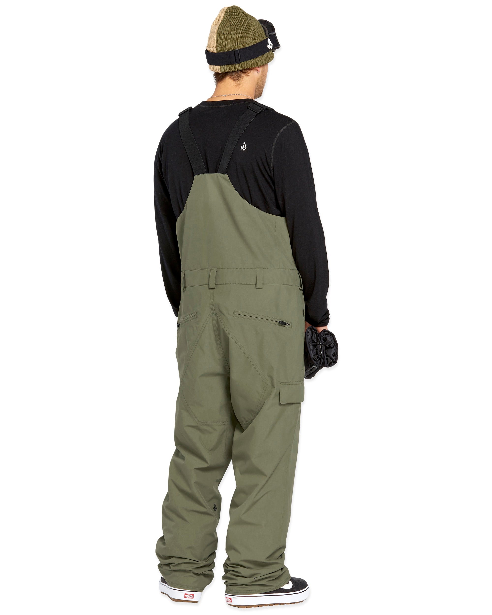 Volcom Men's V.Co Sparta Bib Overall - Olive green bib overalls with black straps and a zippered fly.