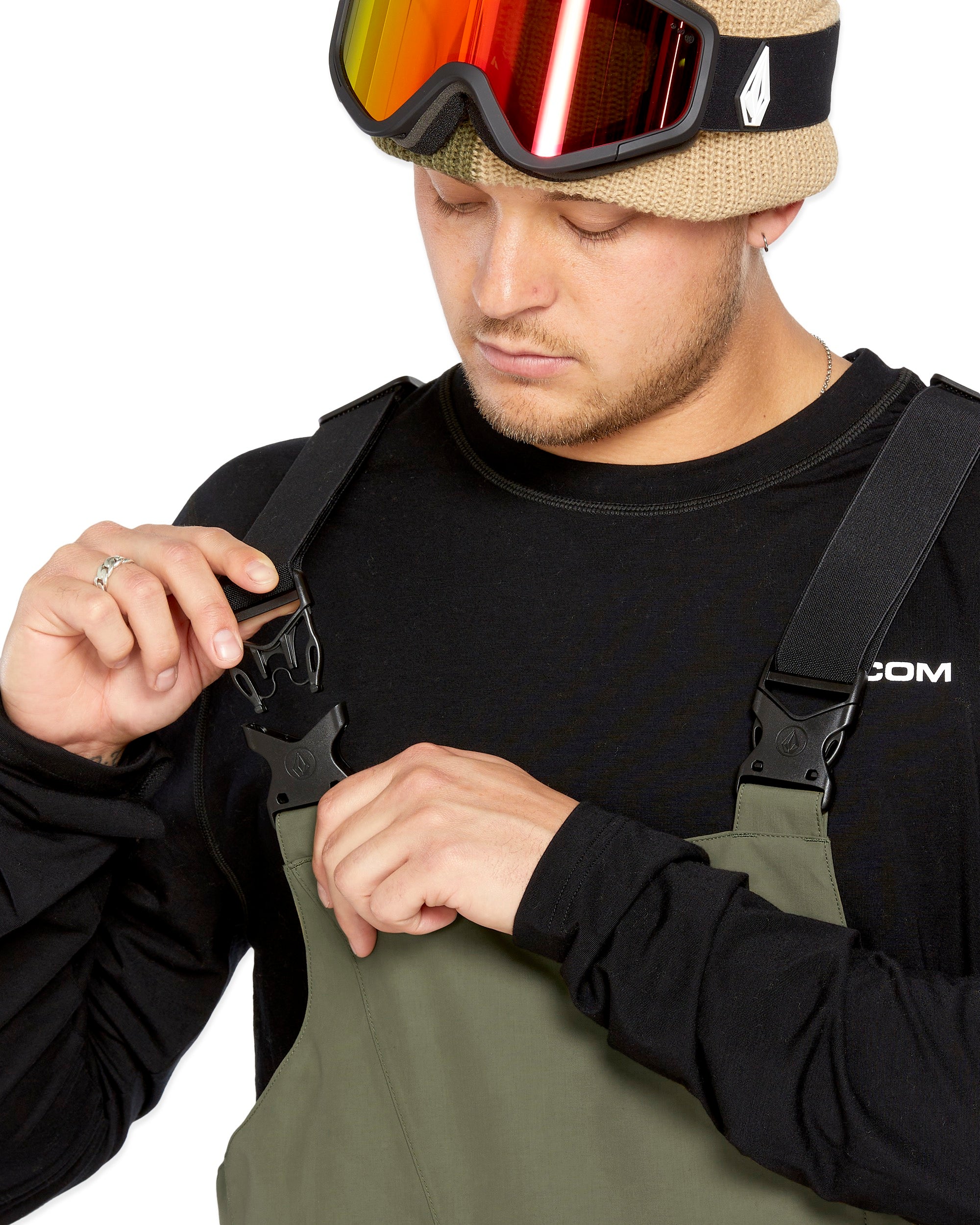 Volcom Men's V.Co Sparta Bib Overall - Olive green bib overalls with black straps and buckles.