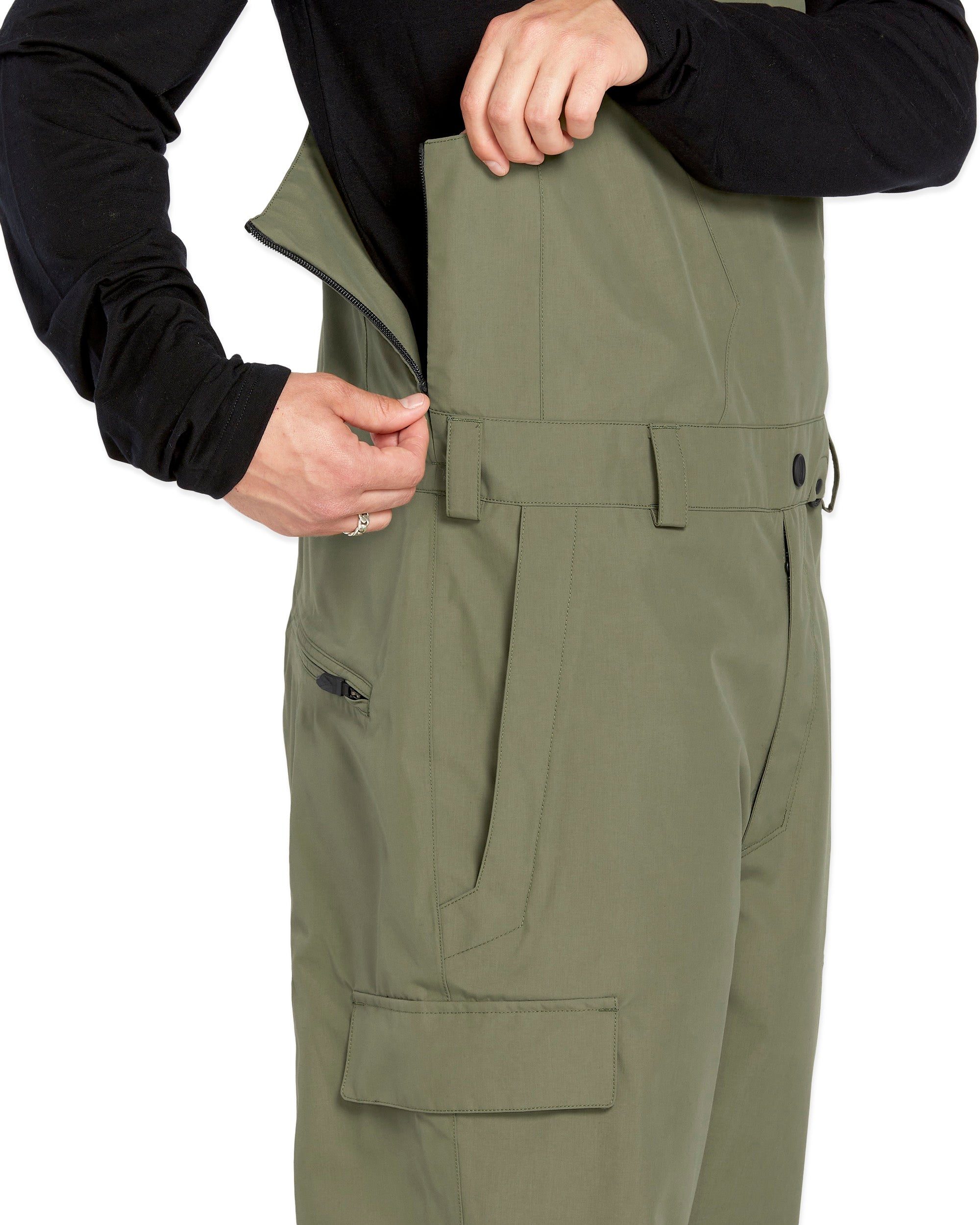 Volcom Men's V.Co Sparta Bib Overall - Olive green bib overall with black zipper and belt loops on waistband.