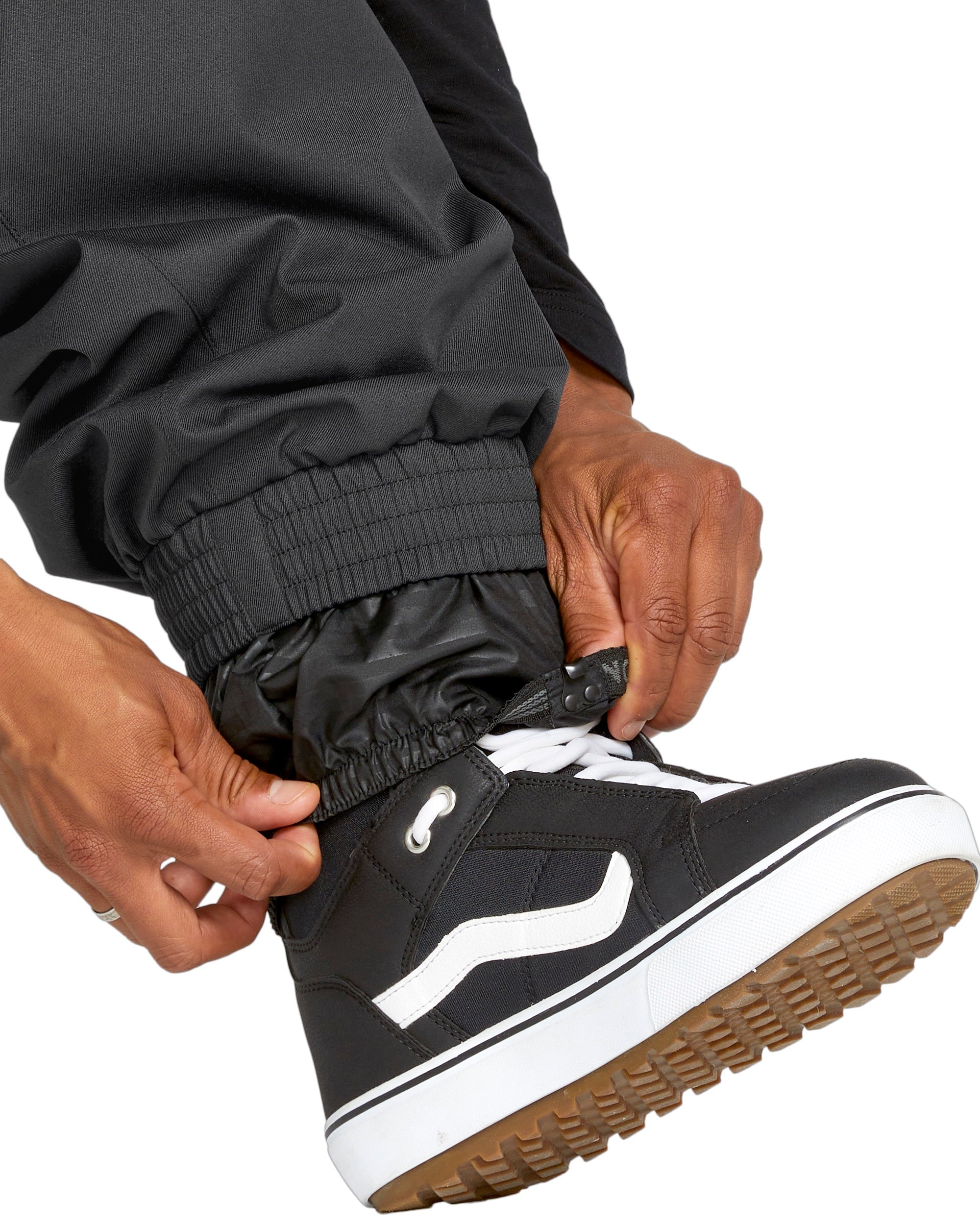 Volcom Men's Arthur 20K Shell Pant - Black pants with elastic cuffs at ankles and a zip fly.