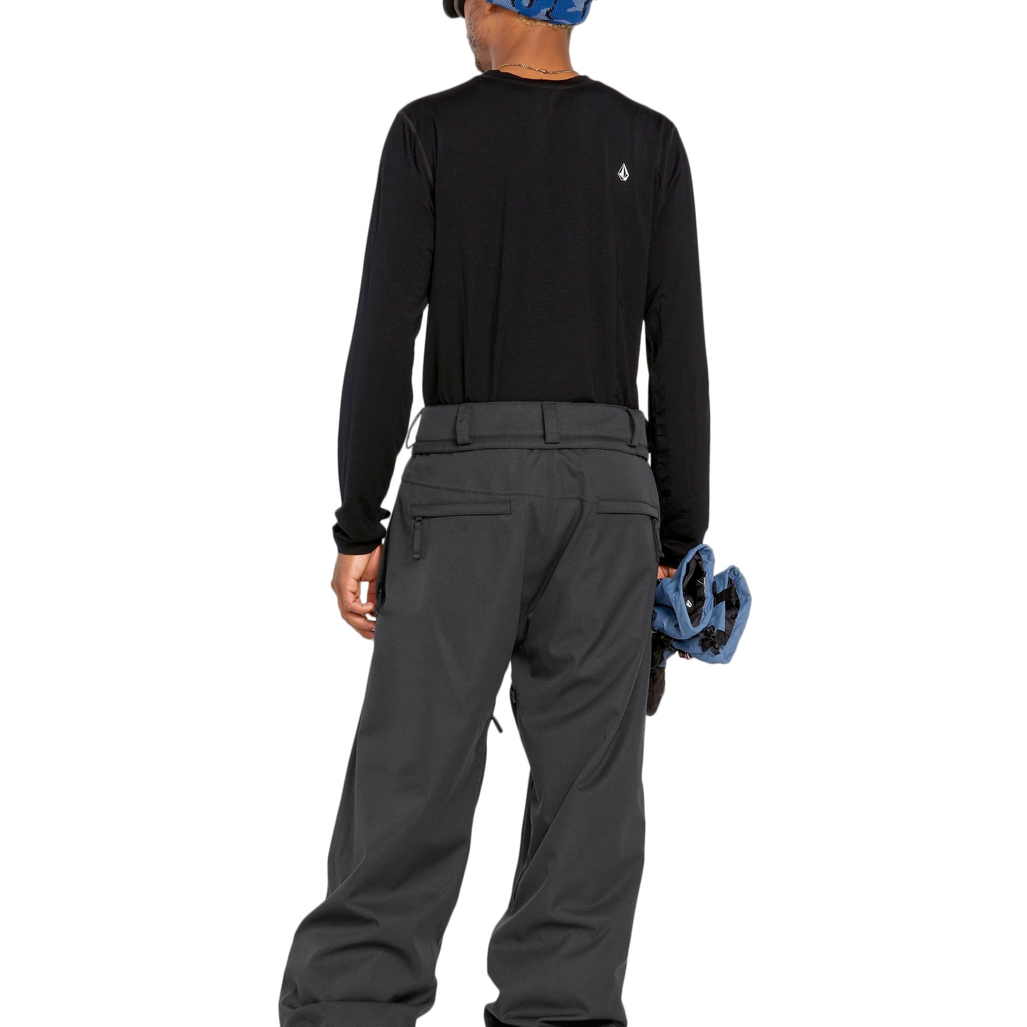 Volcom Men's Arthur 20K Shell Pant - Black snow pants with white logo on left thigh and adjustable Velcro straps at waistband.