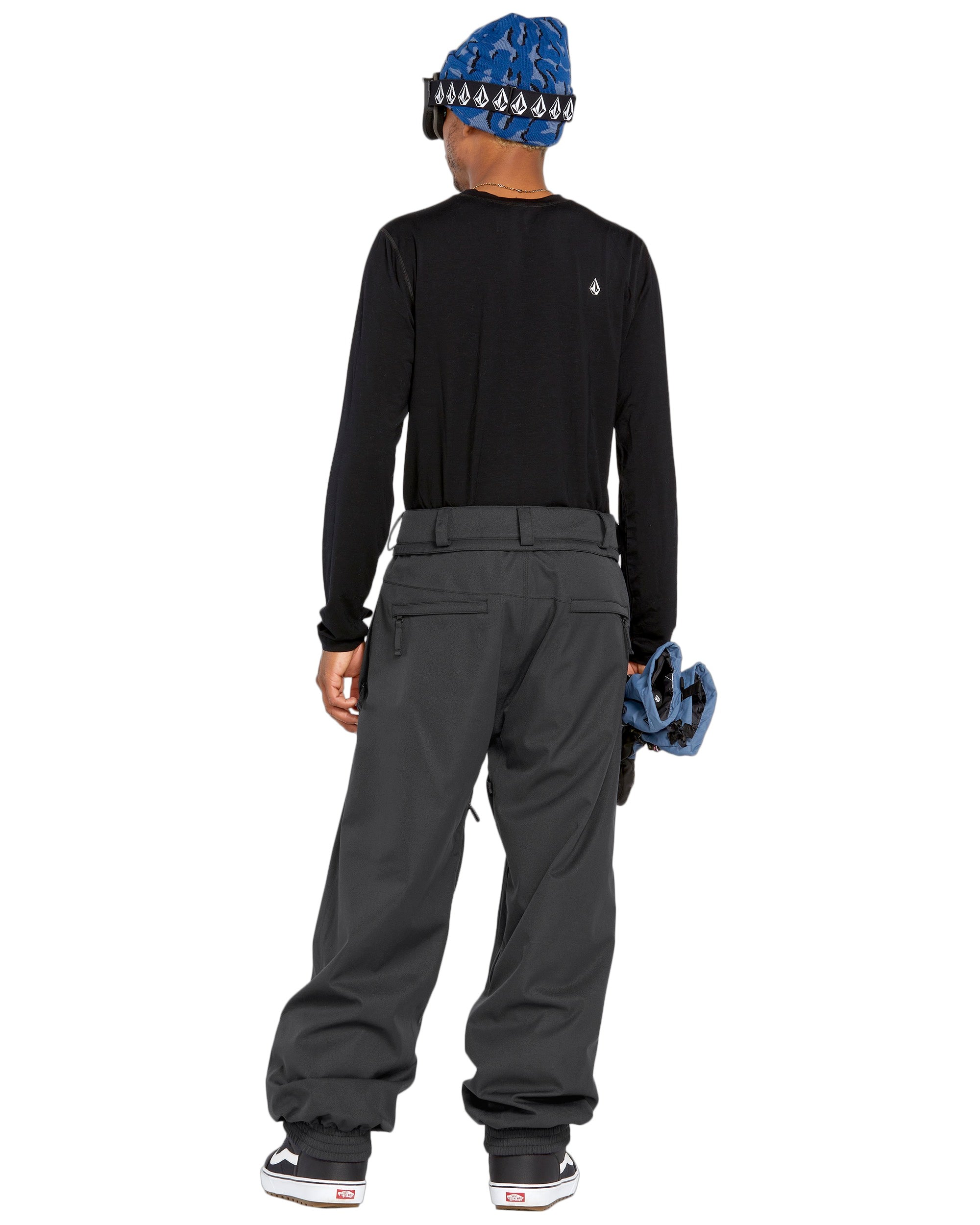 Volcom Men's Arthur 20K Shell Pant - Black snow pants with white logo on left thigh and adjustable Velcro straps at waistband.