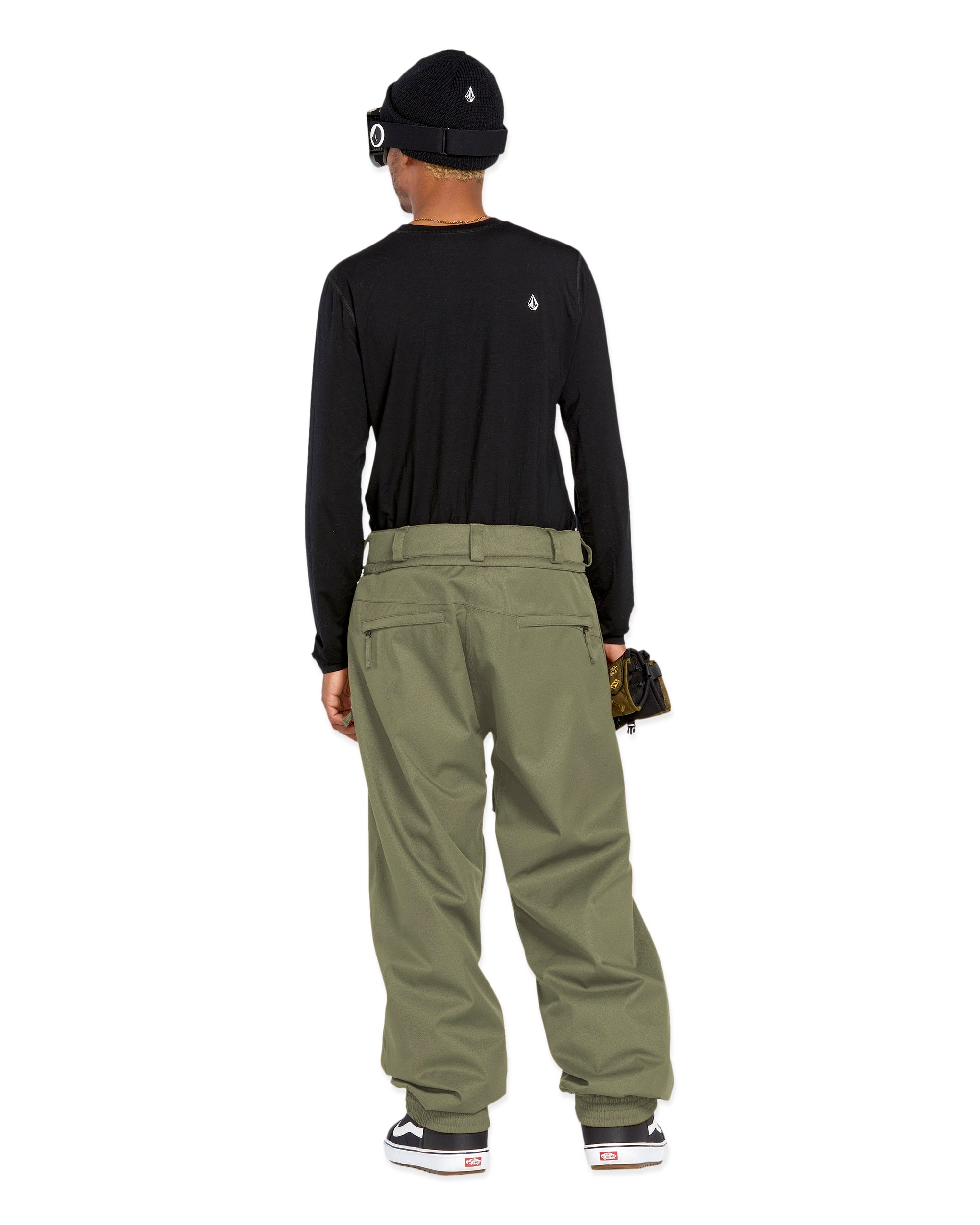 Volcom Men's Arthur 20K Shell Pant - A black snow pant with a white logo on the left thigh and a zippered pocket on the right side.