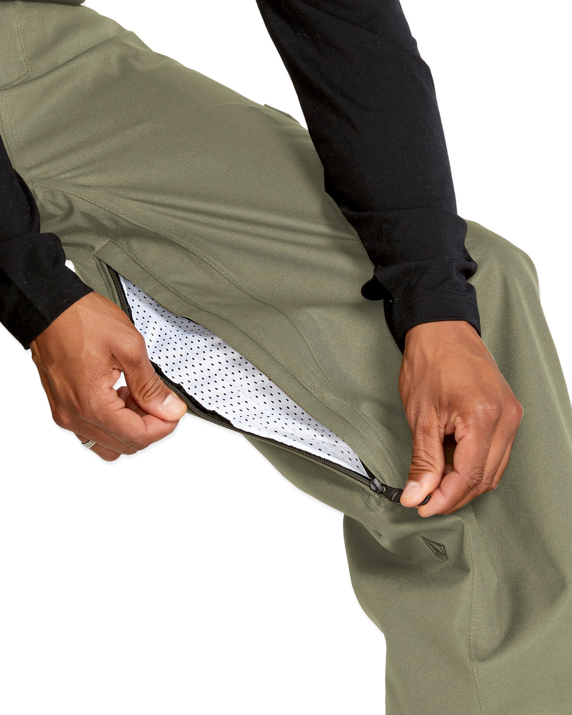 Volcom Men's Arthur 20K Shell Pant - Olive green pants with a black zipper on the left leg.