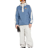 Volcom Men's Arthur 20K Shell Pant - A blue and white snow pant with a snap-button closure at the waist, featuring an adjustable cuff on one leg.