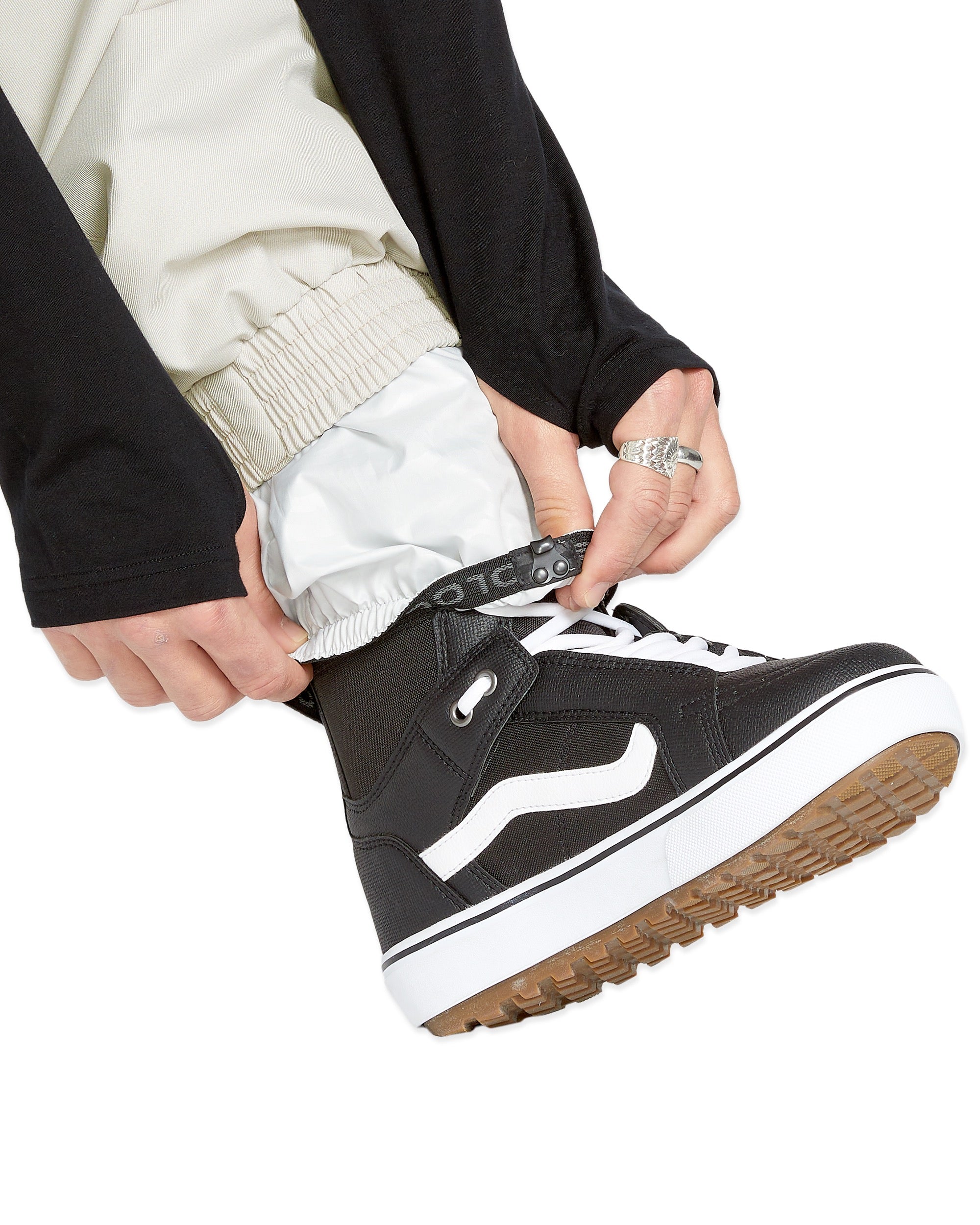 Volcom Men's Arthur 20K Shell Pant - Black pants with a white drawstring and silver snap buttons.