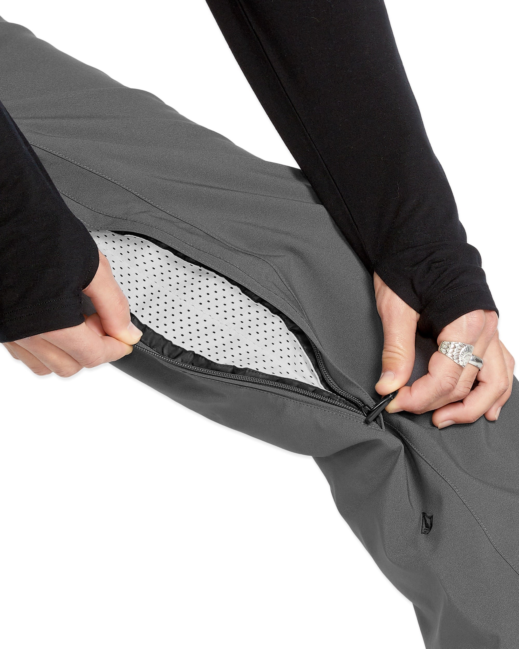 Volcom Men's Freakin' Snow Chino Pant - A pair of gray snow pants with a zippered fly and black drawstring waistband.