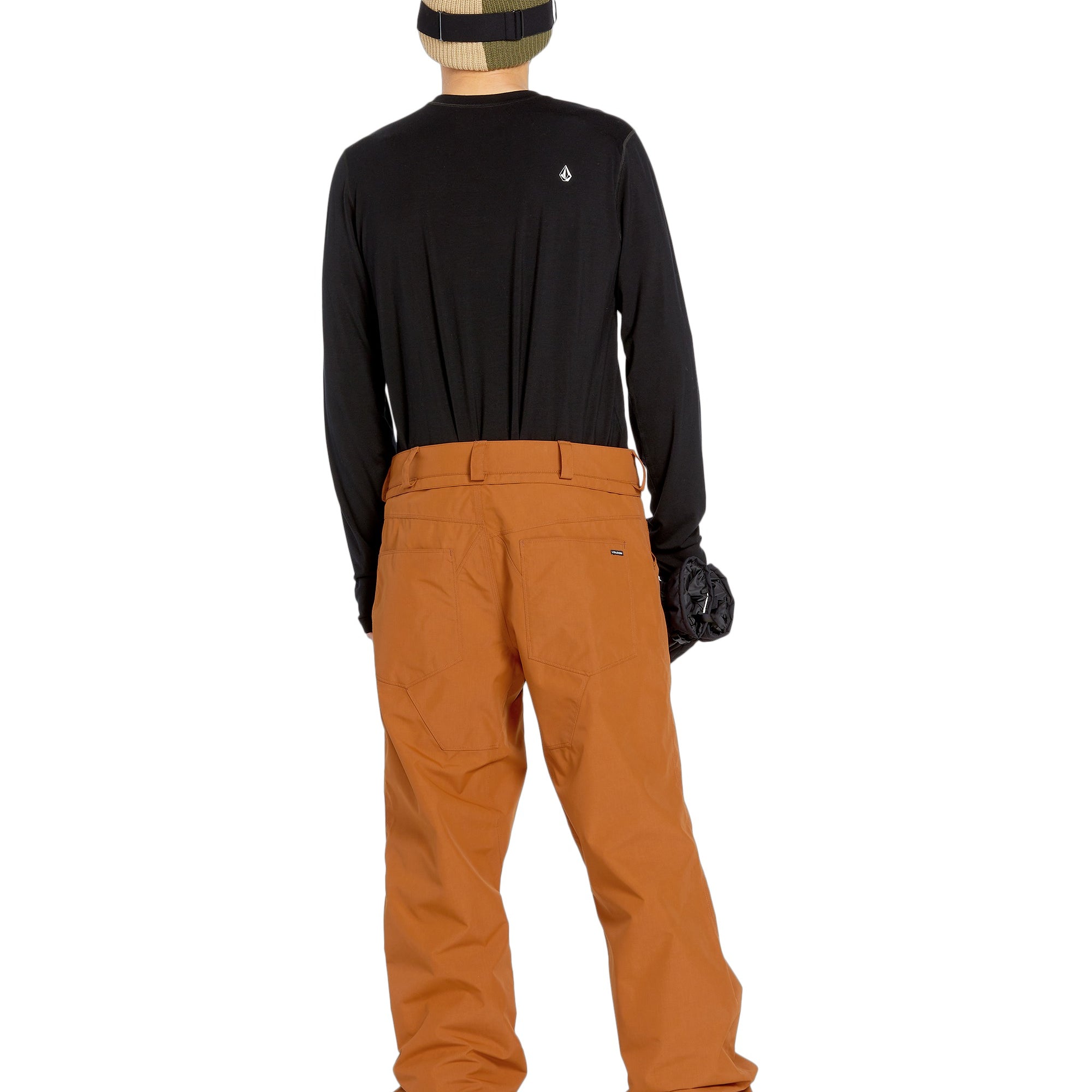 Volcom Men's 5 Pocket Shell Pant - Black pants with white logo on left thigh and two zippered pockets on right side.