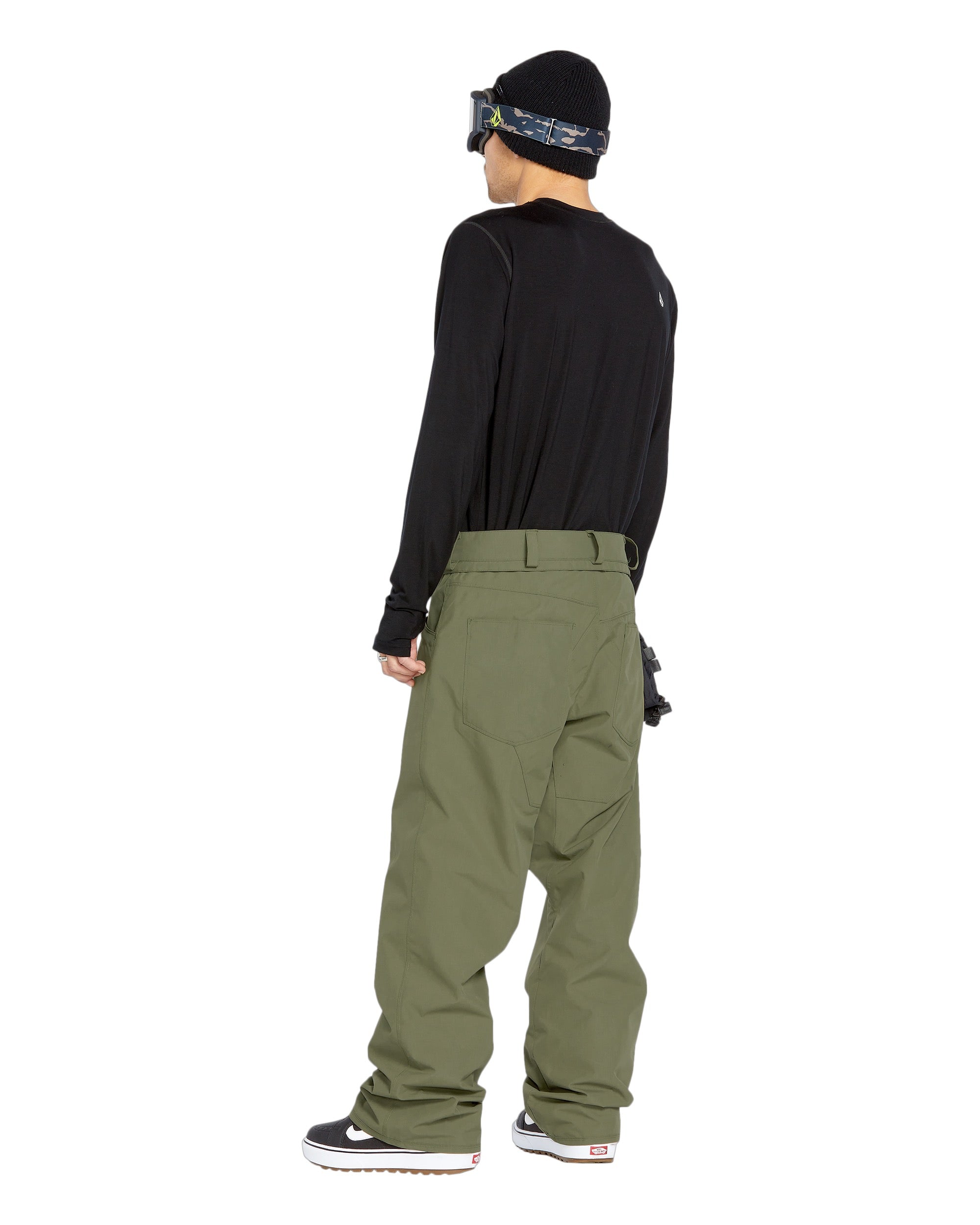 Volcom Men's 5 Pocket Shell Pant - Olive green pants with two zippered pockets on each side and a small pocket at the back.