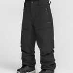Black snowboarding pants with cargo pocket panels and stitched knee seams