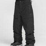 Black snowboarding pants with cargo pocket panels and stitched knee seams