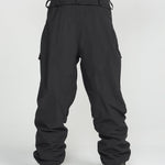 Black ski pants with belt loops, cargo pockets, and articulated knee panels