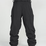 Black ski pants with belt loops, cargo pockets, and articulated knee panels