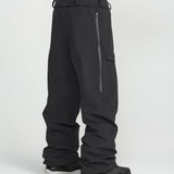 Black snowboarding pants with cargo pockets and elastic boot-cuff hems