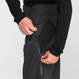 Black snow pants with thigh cargo pocket, belt loops, and adjustable waistband tabs