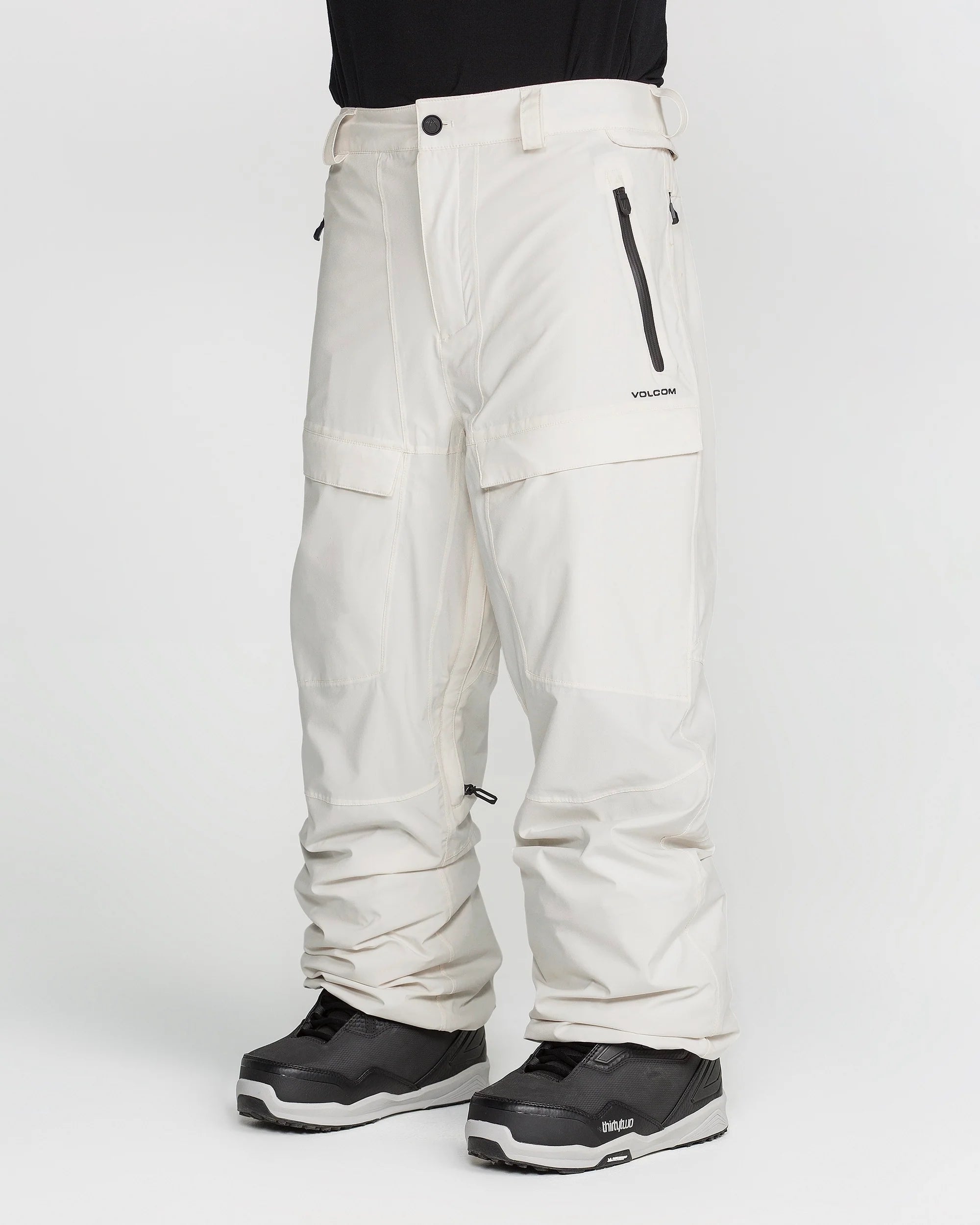 Off-white snowboard pants with side pocket zips and a straight leg cut.