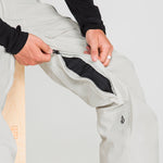 Off-white snowboard pants showing inner leg vent zipper at the hem.