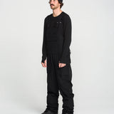 Black bib snow overall front view with chest pockets and side cargo pockets