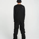 Black bib snow overall rear view with leg cargo pockets and adjustable straps