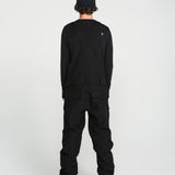 Black bib snow overall rear view with leg cargo pockets and adjustable straps