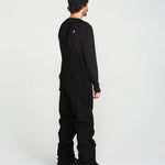 Black bib snow overall back view with shoulder straps and cargo pockets