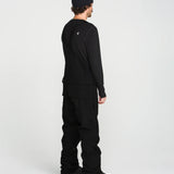Black bib snow overall back view with shoulder straps and cargo pockets