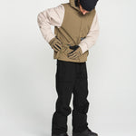 Teak bib snow overalls with adjustable straps, black legs, and cargo pockets