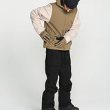 Teak bib snow overalls with adjustable straps, black legs, and cargo pockets