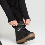 Black bib snow overall lower leg with boot lace-through strap and gaiter