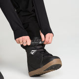 Black bib snow overall lower leg with boot lace-through strap and gaiter