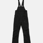 Black bib snow overalls flat lay with bib panel, straps, and multiple pockets