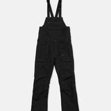 Black bib snow overalls flat lay with bib panel, straps, and multiple pockets