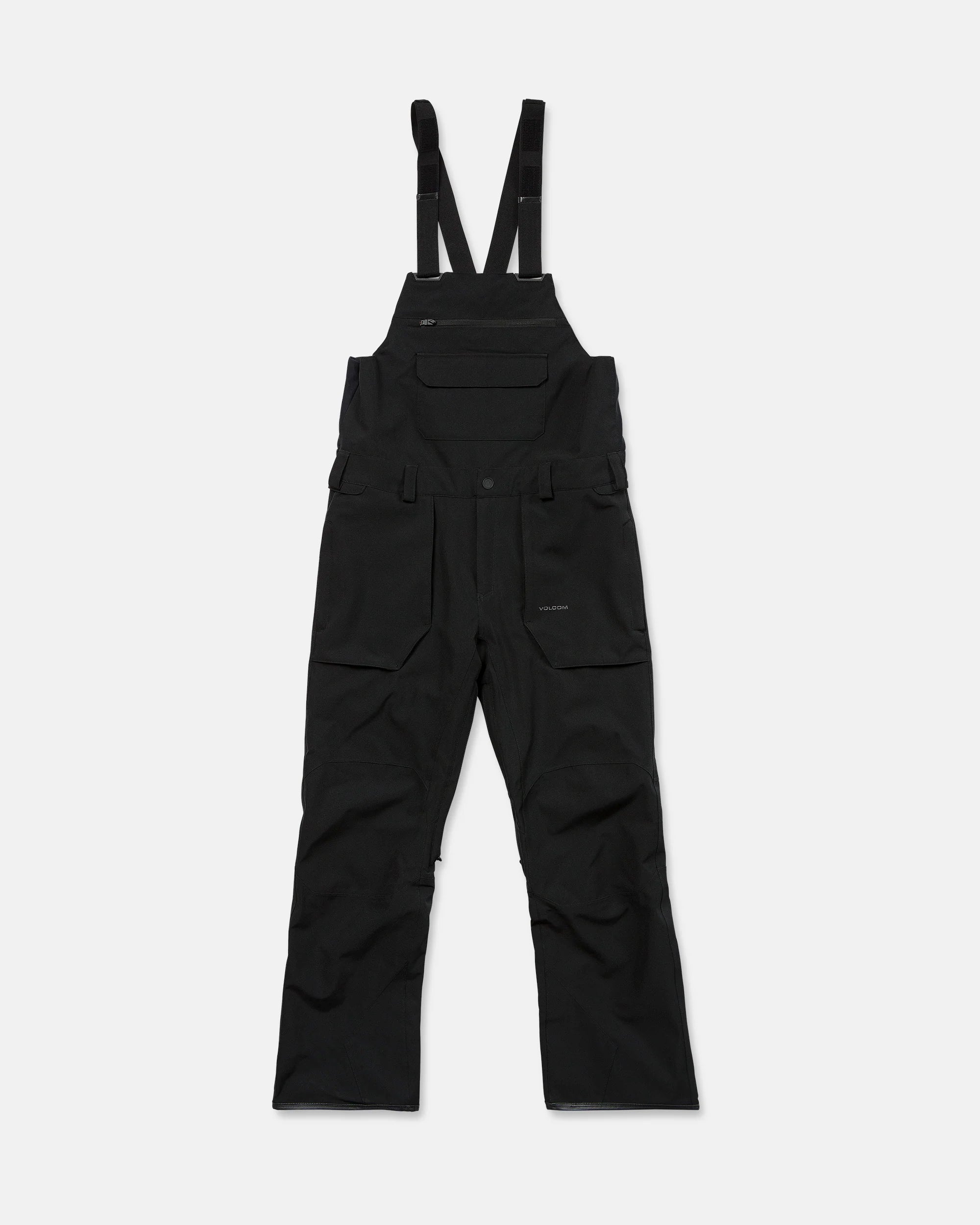 Black bib snow overalls flat lay with bib panel, straps, and multiple pockets