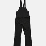 Black bib snow overalls on white background with adjustable straps and cargo pockets