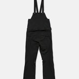 Black bib snow overalls on white background with adjustable straps and cargo pockets