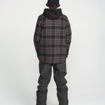 Black bib overall from back view with adjustable straps and roomy straight legs