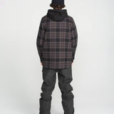 Black bib overall from back view with adjustable straps and roomy straight legs