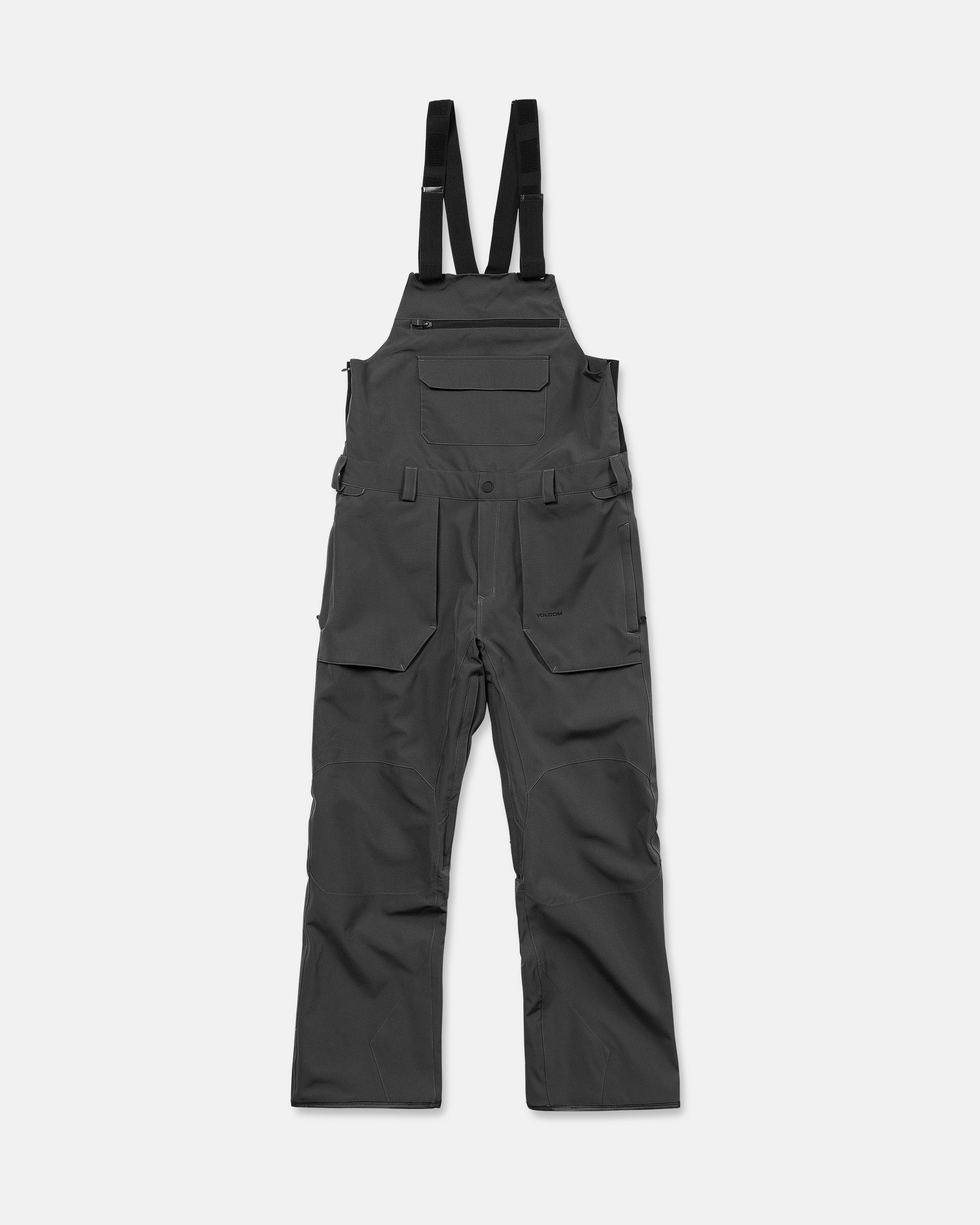 Dark black bib overall with bib panel and two front flap cargo pockets