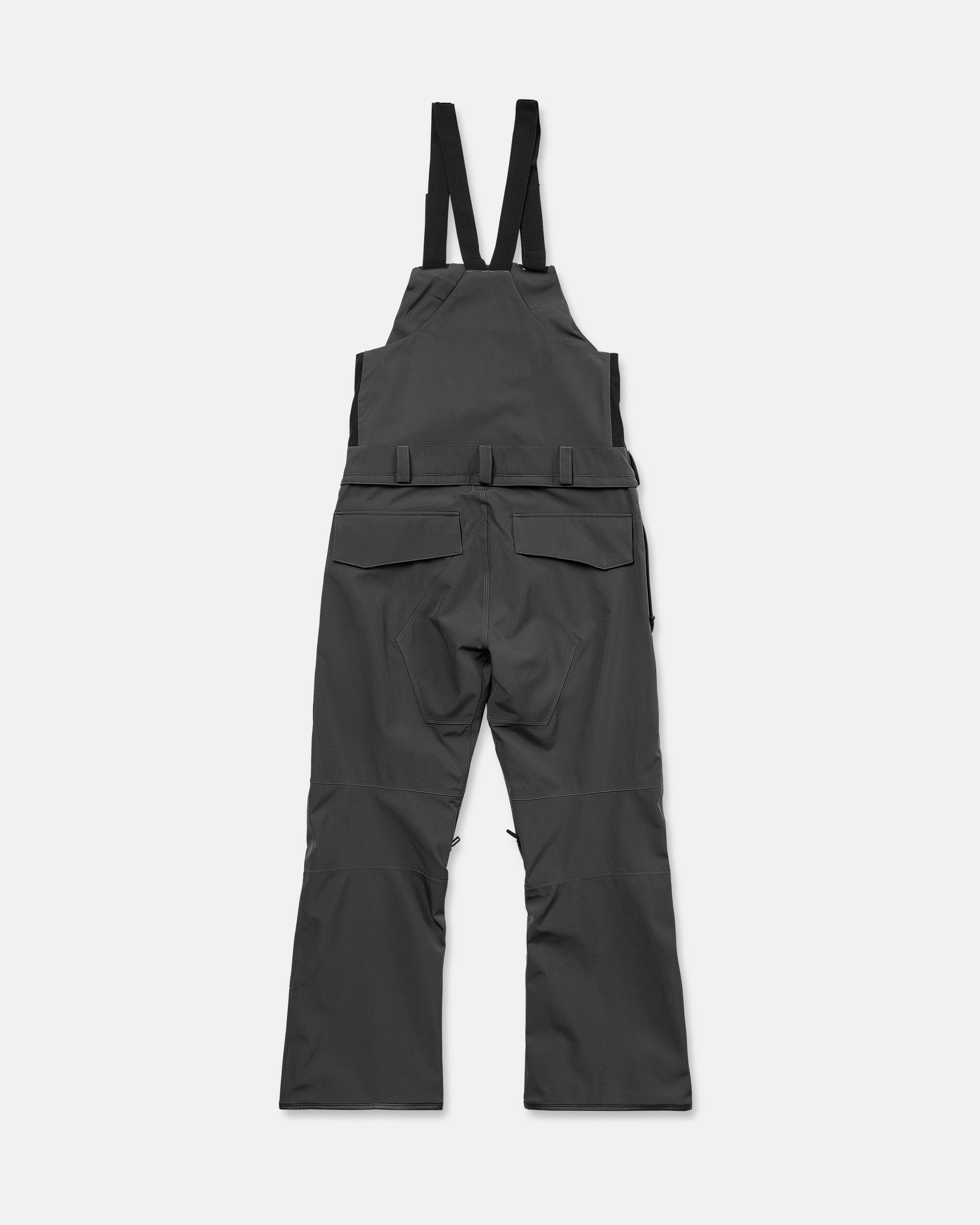 Black bib overall pants with adjustable shoulder straps and front cargo pockets