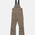 Teak bib overall with front bib panel, button closure, and side cargo pockets