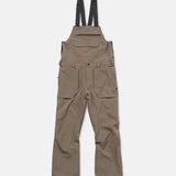 Teak bib overall with front bib panel, button closure, and side cargo pockets