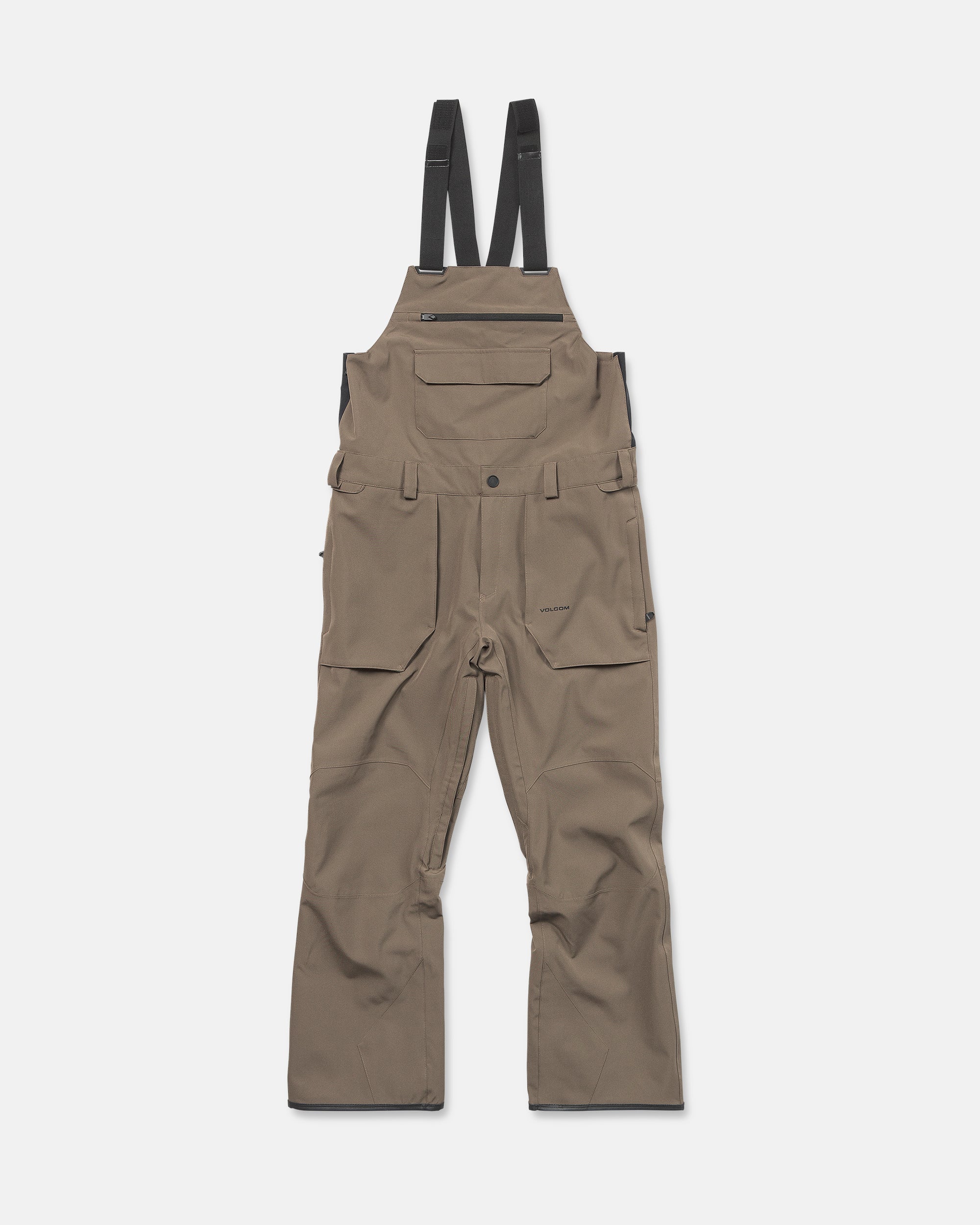 Teak bib overall with front bib panel, button closure, and side cargo pockets