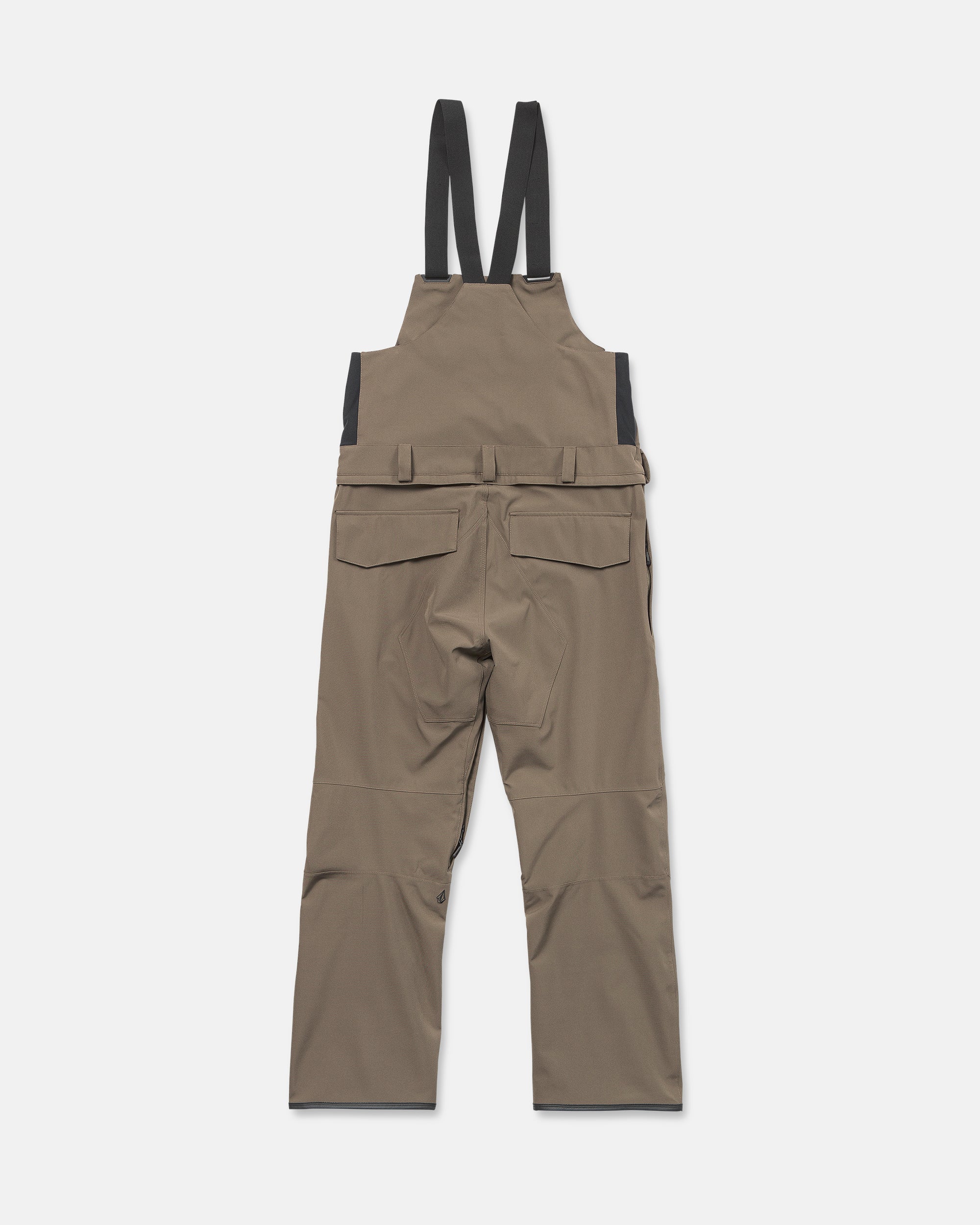 Brown bib overall with black adjustable shoulder straps and multiple cargo pockets