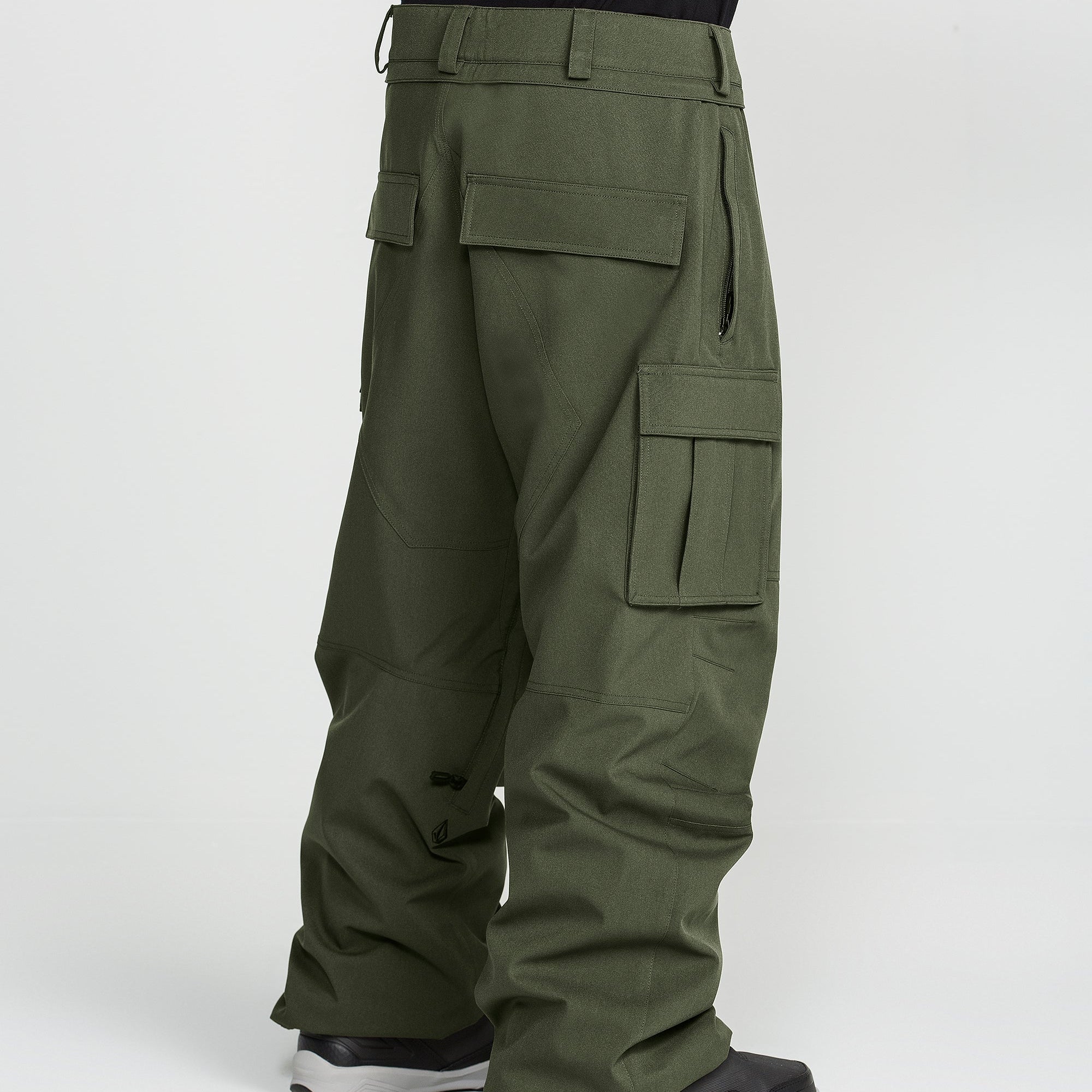 Dark green baggy cargo pants with front flap cargo pockets and adjustable cuffs