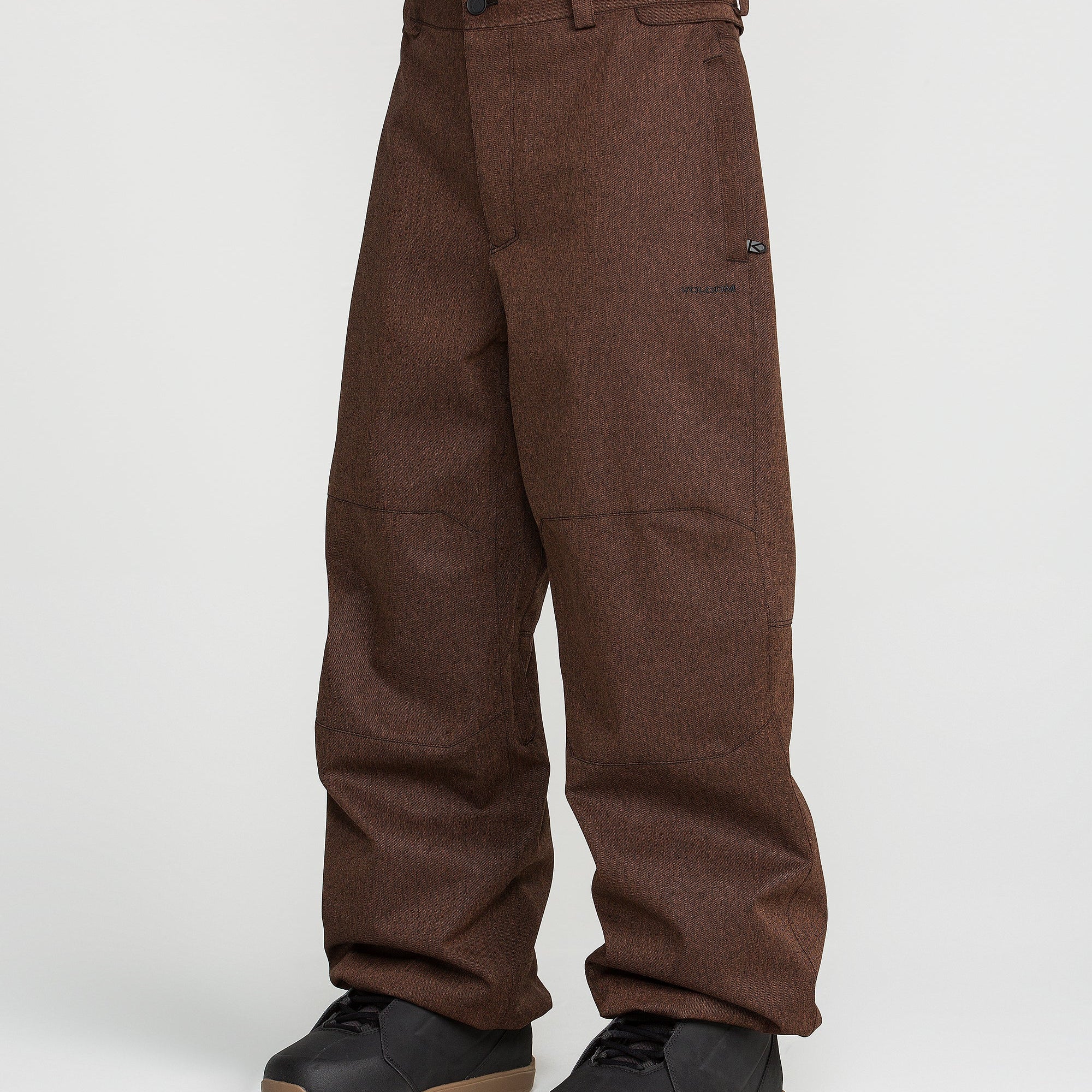 Brown snow pants side view with belt loops and cargo-style patch pockets