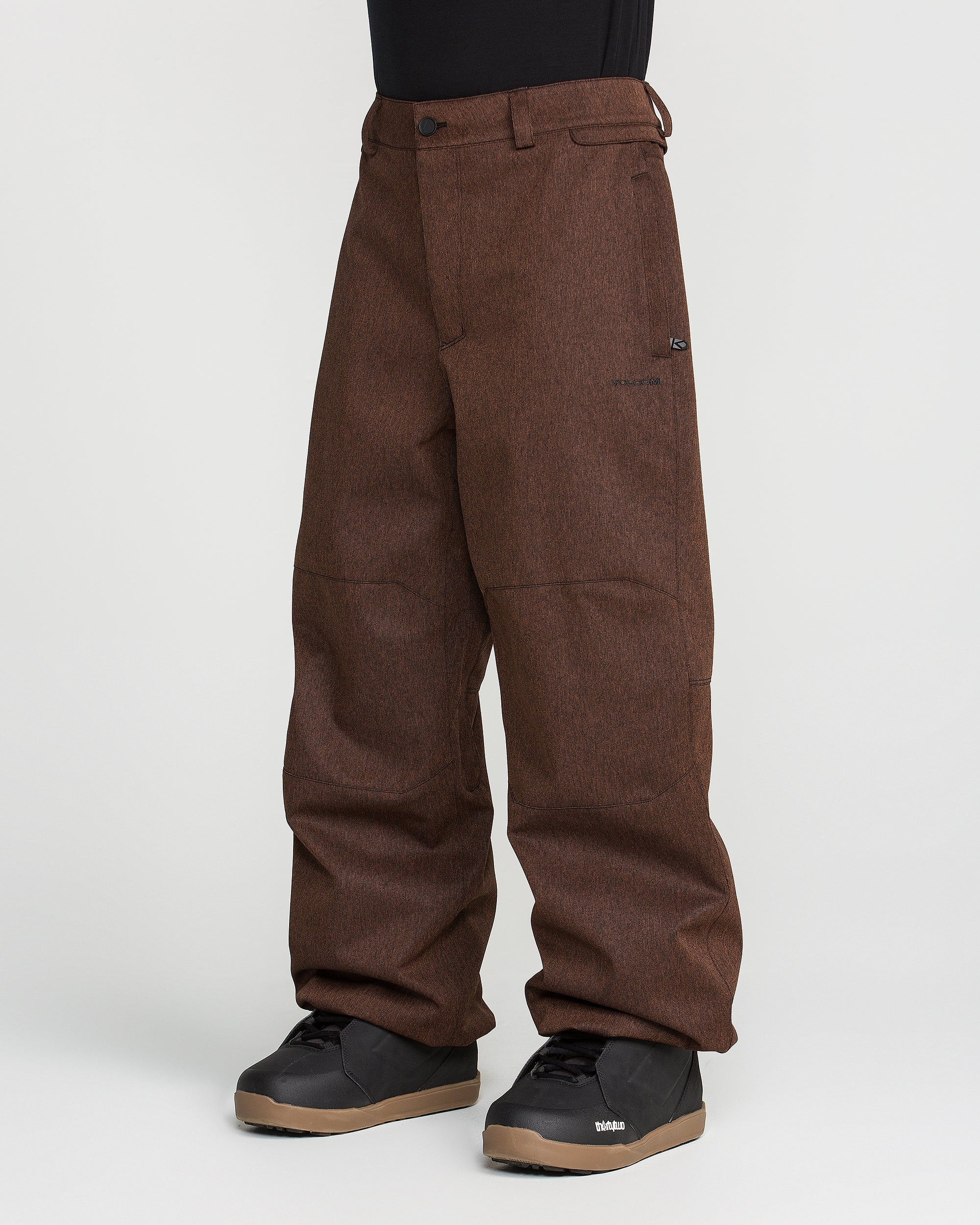 Brown snow pants side view with belt loops and cargo-style patch pockets