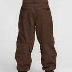 Brown snow pants back view with reinforced seams and cuffed hems