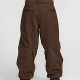 Brown snow pants back view with reinforced seams and cuffed hems