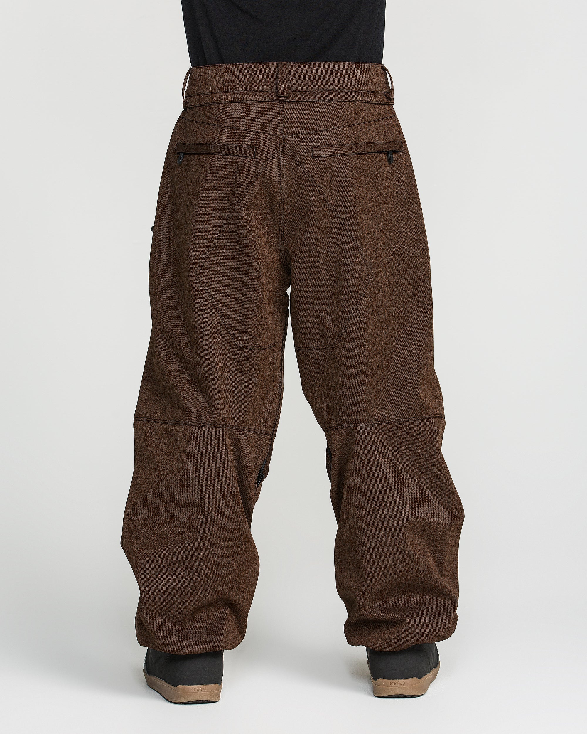 Brown snow pants back view with reinforced seams and cuffed hems