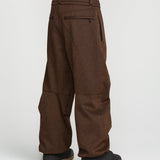 Brown snow pants back view with belt loops and rear pocket tabs